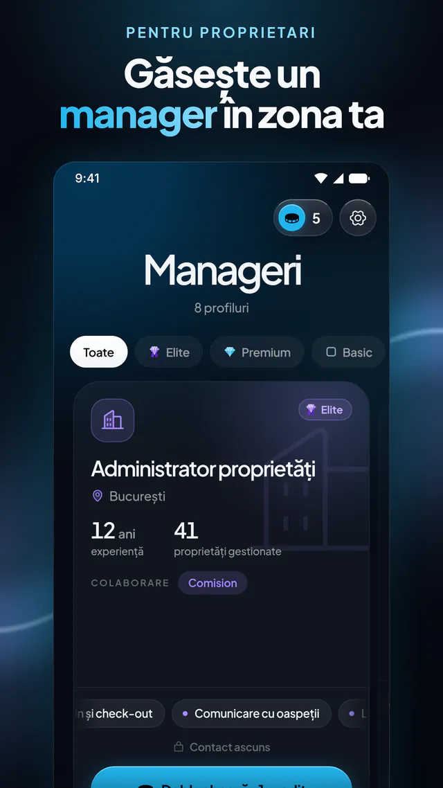 Lista de manageri, cu experiența fiecăruia, numărul de proprietăți administrate și planul.