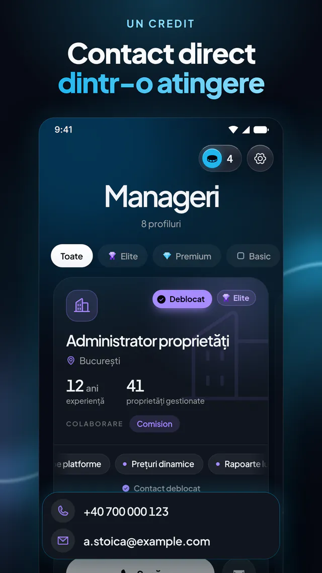 Profil de manager deblocat, cu numărul de telefon și adresa de email.
