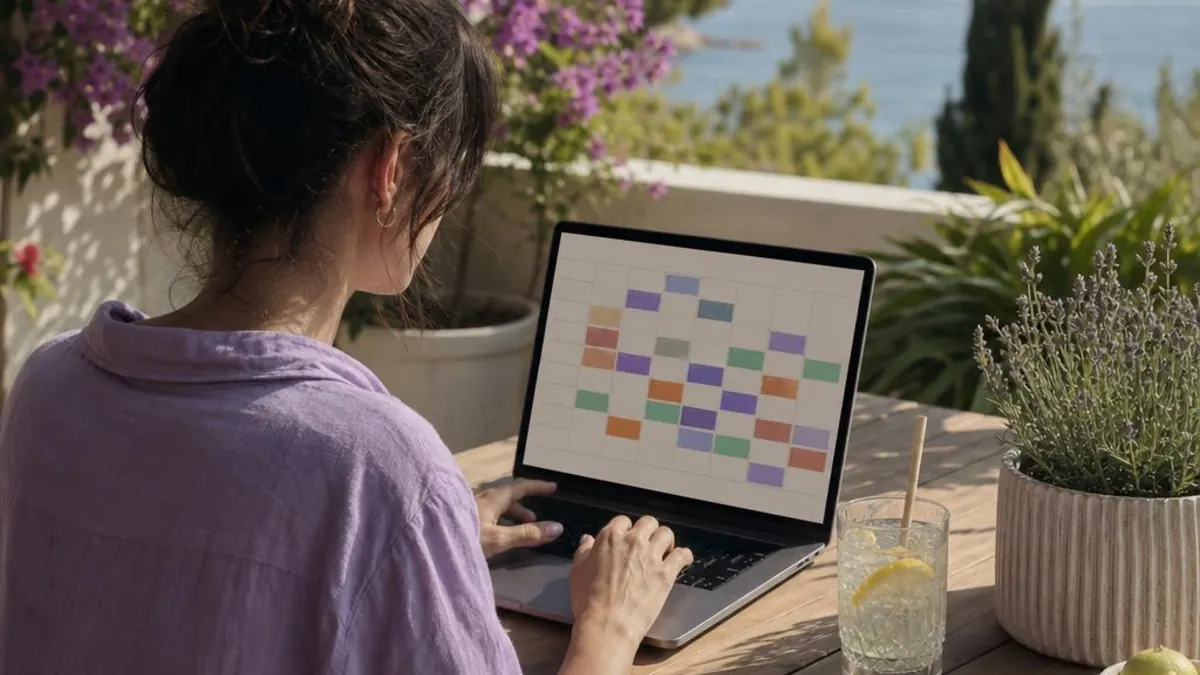 Femeie pe o terasă cu vedere la mare, lucrând la un laptop care afișează un calendar cu blocuri colorate, lângă un ghiveci cu lavandă și un pahar cu apă cu lămâie