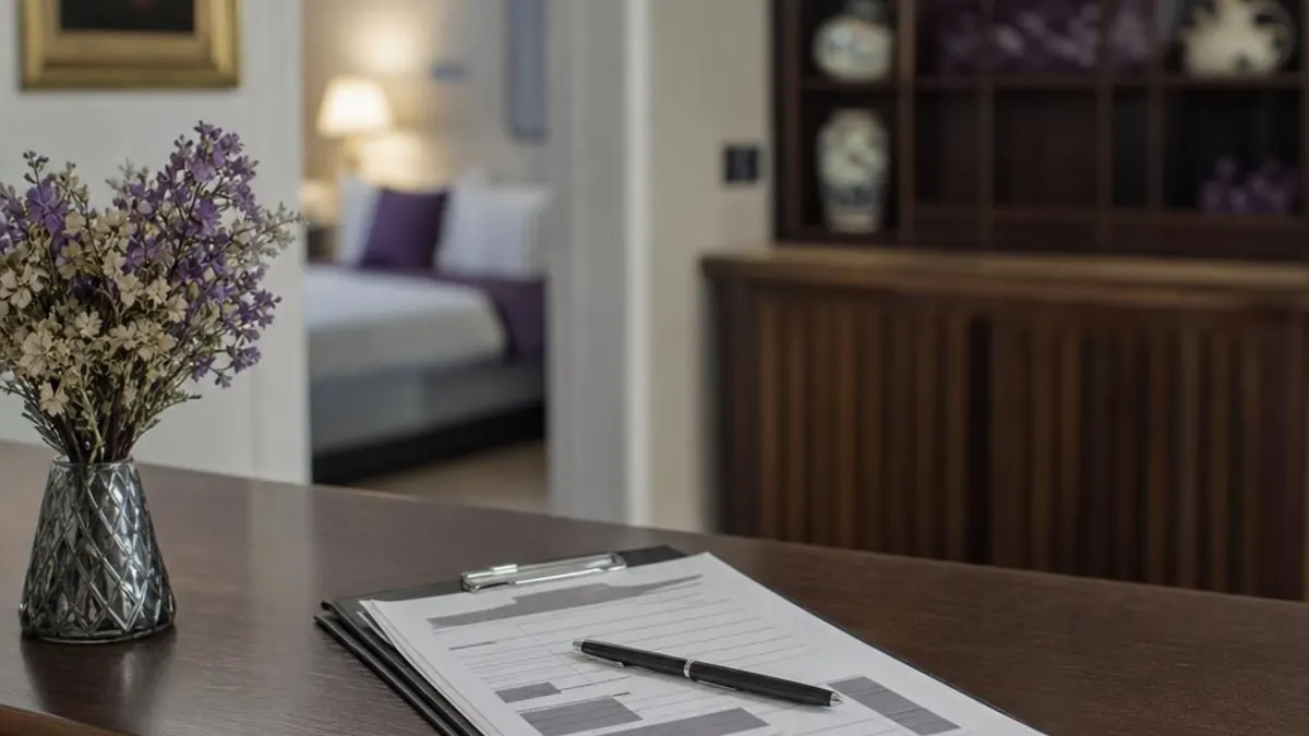 Formular de inspecție pe un clipboard, cu un pix, pe masa unui apartament de închiriat, cu dormitorul în fundal