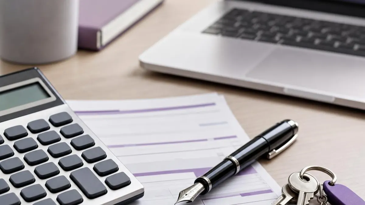 Calculator, formular fiscal, stilou și cheile unui apartament pe un birou