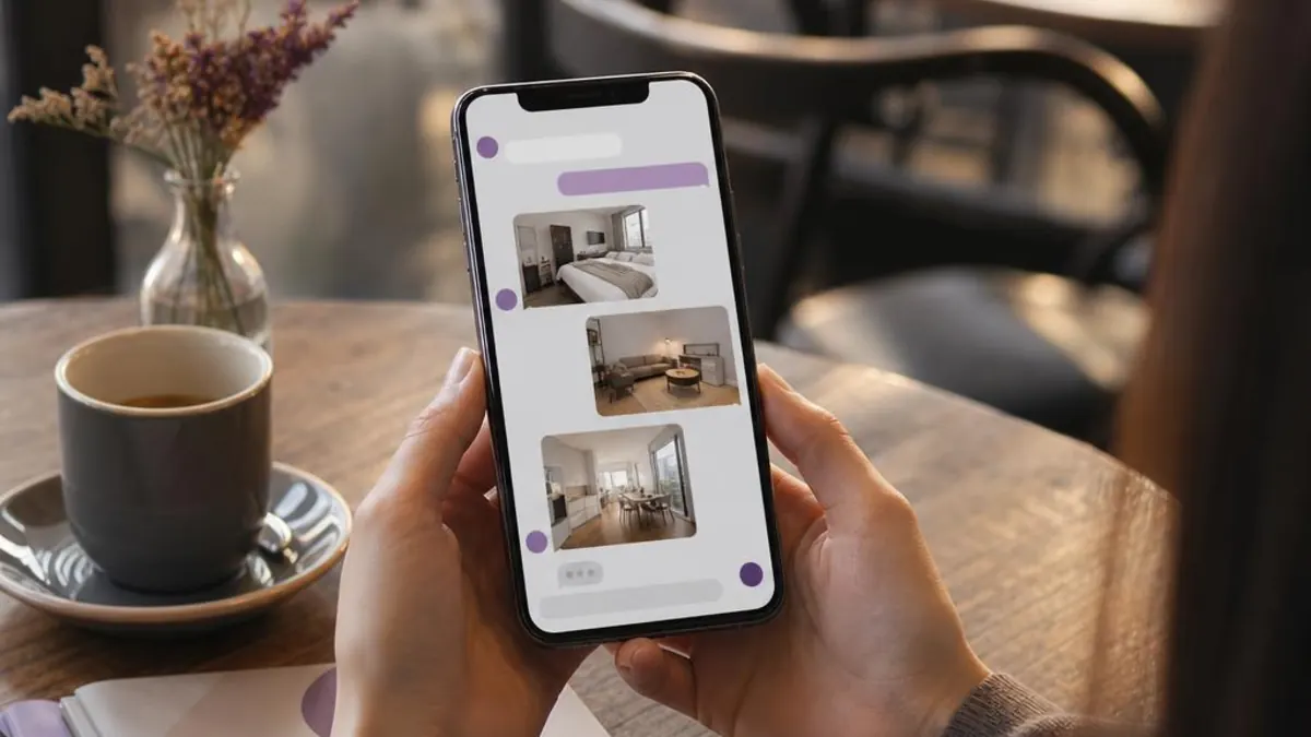 Persoană într-o cafenea care ține un telefon cu o conversație despre cazare și fotografiile a trei apartamente, lângă o cană de cafea