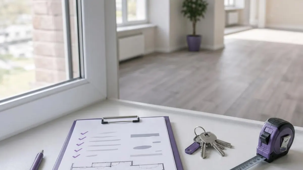 Clipboard cu o listă bifată și planul unui apartament, lângă chei și o ruletă, într-un apartament gol și luminos