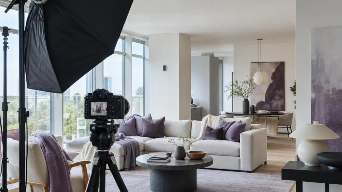 Ședință foto într-o sufragerie luminoasă, cu un aparat foto pe trepied și un softbox în prim-plan, o canapea albă cu perne lila și ferestre mari