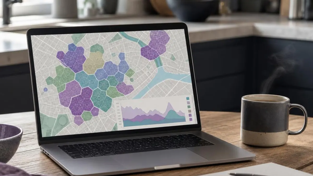 Laptop pe o masă de lemn din bucătărie, cu harta unui oraș împărțită în zone hexagonale colorate și un grafic, lângă o cană de cafea și un caiet