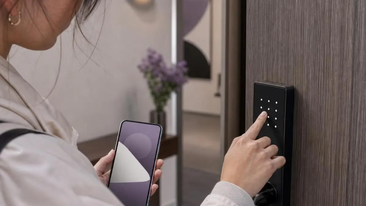 Oaspete care introduce codul pe yala inteligentă a unui apartament, cu telefonul mobil în cealaltă mână
