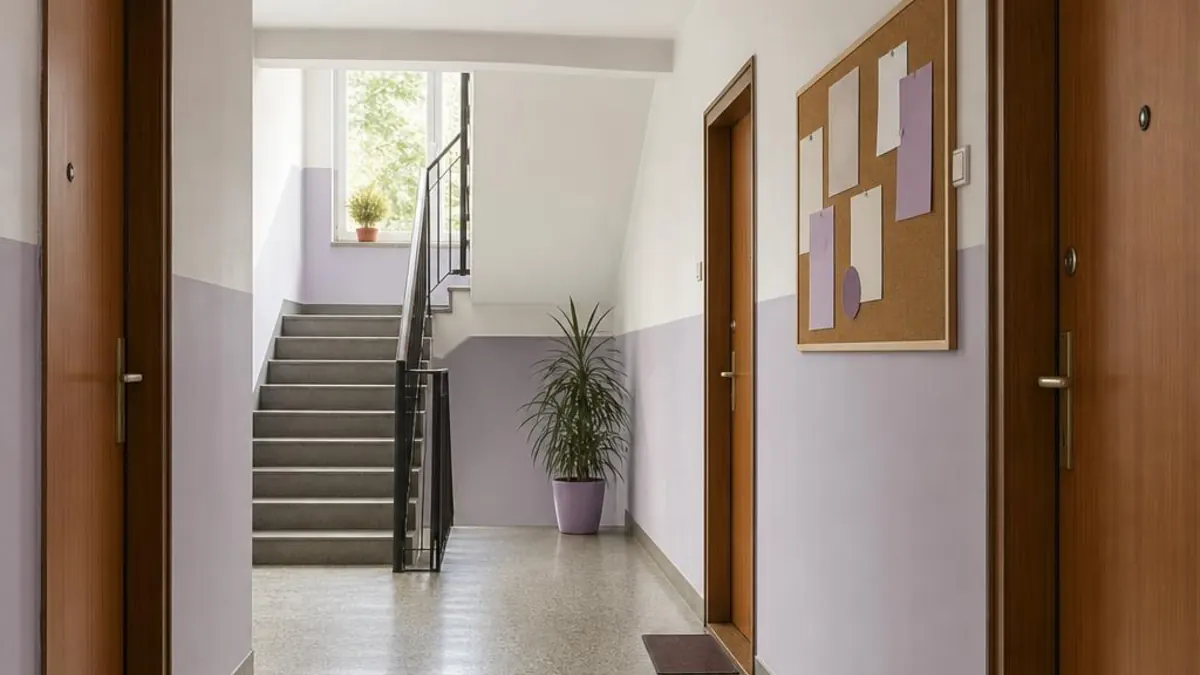 Hol de bloc cu uși de apartamente vecine, o scară și avizierul asociației de proprietari