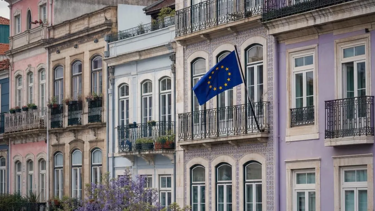 Fațade istorice colorate cu balcoane din fier forjat și un steag al Uniunii Europene arborat pe una dintre clădiri