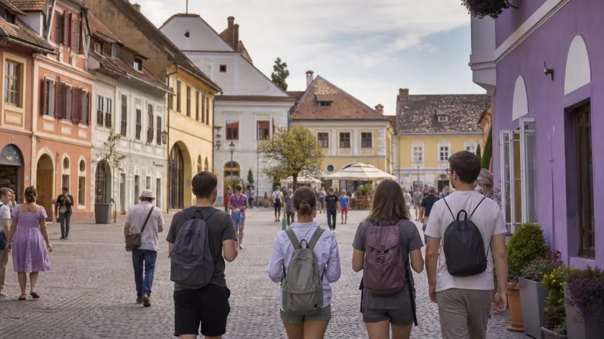 Turiști tineri cu rucsacuri, fotografiați din spate, pe o stradă pietonală pavată cu piatră dintr-un oraș istoric din Transilvania, cu fațade colorate și terase în fundal