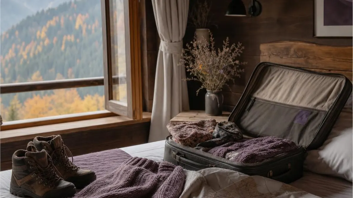 Dormitor primitor într-o cabană de munte, cu pădure de toamnă la fereastră, o valiză deschisă, bocanci de drumeție și pături tricotate