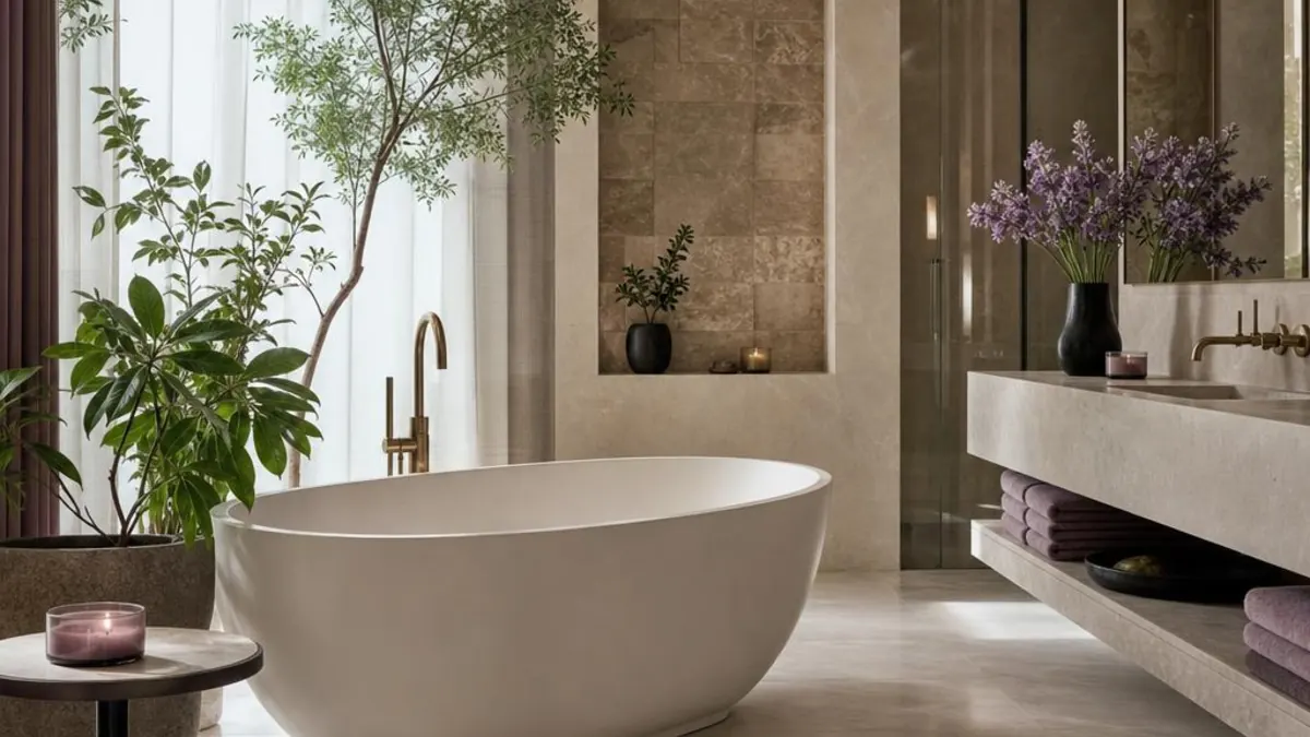 Baie luminoasă în stil spa, cu cadă albă independentă, blat din piatră, prosoape mov pliate, lumânări aprinse, plante verzi și flori de lavandă