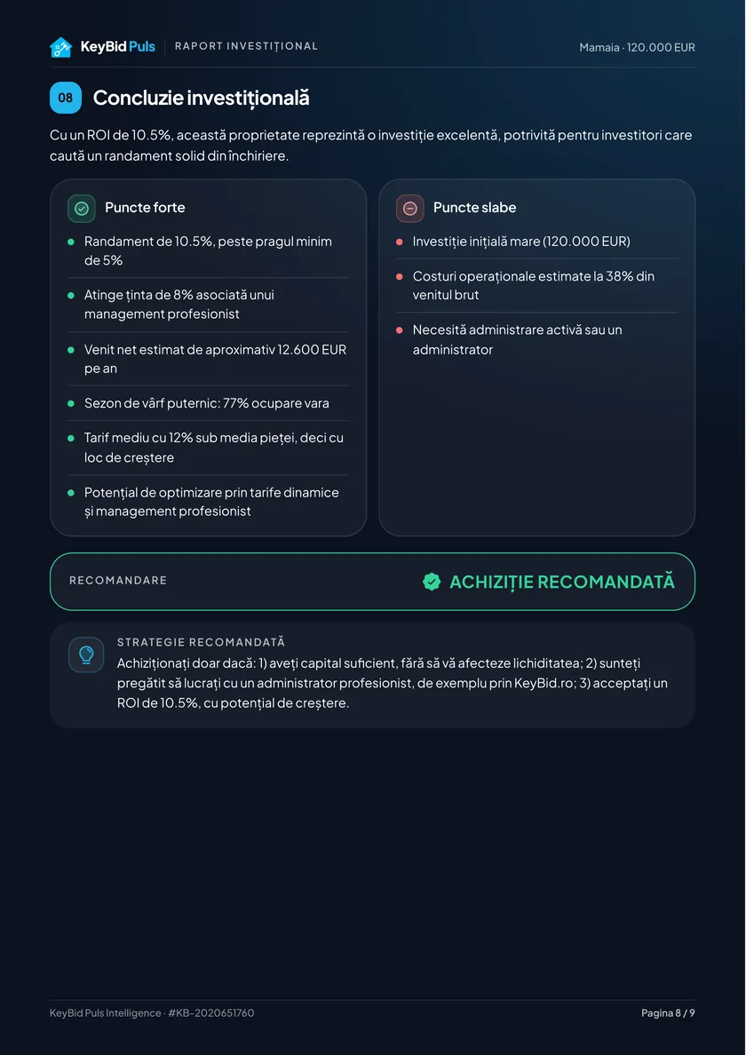 Pagina cu concluzia investițională: punctele forte, punctele slabe, recomandarea și strategia recomandată.